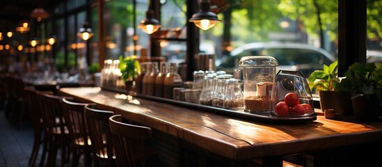 Fototapeta premium Cozy Café Interior with Wooden Table and Bright Green Plants