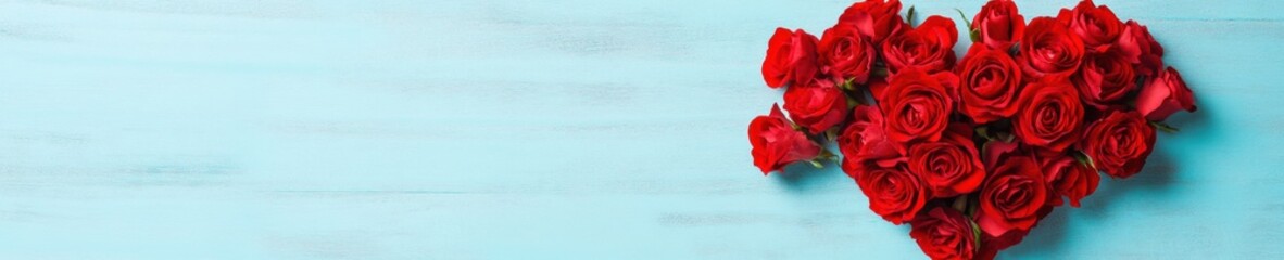 Romantic Minimalist Love Concept Luxe Deep Red Roses Artfully Arranged in Perfect Heart Shape on Serene Aqua Background - Premium Valentines Day and Wedding Marketing Imagery