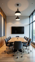 Corporate meeting room with acoustic wall treatments.