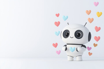 Cute robot character surrounded by colorful hearts on a light background.