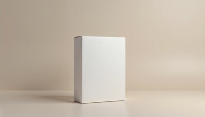 Mockup of a blank white box standing on a neutral background with copy space