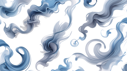 Abstract Blue and Grey Smoke Swirls on White Background, Fluid Art Design, Elegant Flowing Patterns, Digital Illustration, High-Resolution PNG Image