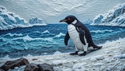Obraz premium Antarctic Penguin on Snowy Beach near Ocean Waves and Icebergs