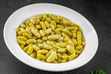Beans flageolet green bean fresh gourmet food background on the table rustic food top view copy space vegetarian and vegan food