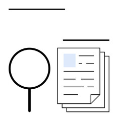 Magnifying glass examining stacked documents emphasizes research, investigation, and analysis. Ideal for audit, review, inspection, file management, information analytics and inquiry. Clean flat © robu_s