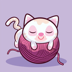 Cute kitten, sleeping on a ball of wool, editable vector, vector, cat, cute, ball of wool.
