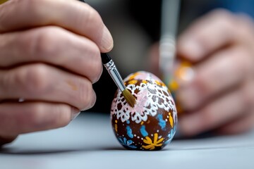 This striking image captures the delicate hands of an artist painting intricate designs on a colorful Easter egg, embodying the joy of craft and creativity during spring.