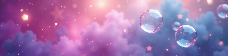 Fototapeta premium Bubbles suspended in mid-air against a soft, dreamy background featuring stars, float, magical