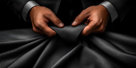 Crafting Elegance With Precision, a Tailor’s Hands Manipulate Checkered Fabric to Create the Perfect Suit Design in a Workshop Generative AI