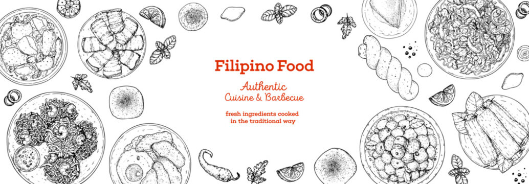 Filipino food top view vector illustration. Food menu design template. Hand drawn sketch. Filipino food menu. Vintage style.