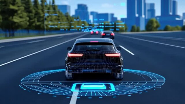 Futuristic Electric Vehicle Driving on Smart Road with Digital Interface and Urban Skyline Background