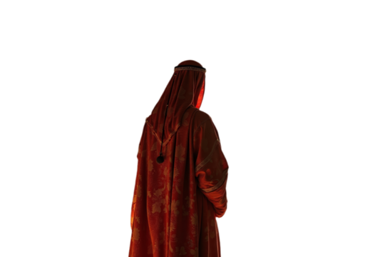 Arab Muslim man in traditional attire with intricate patterns standing with a contemplative expression