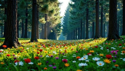Obraz premium Dense pine forest with a carpet of colorful wildflowers on the ground, woodland, nature