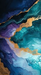 An abstract composition showcasing vibrant swirls of turquoise, purple, and gold that evoke a sense of movement and elegance in modern art.