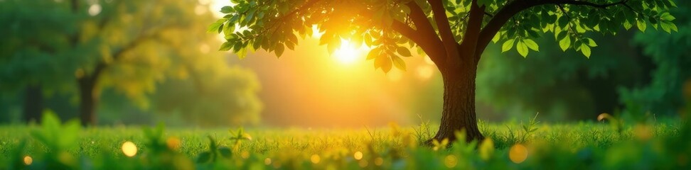 Obraz premium Dew-kissed leaves cling to lone tree's branches as sun rises high, tree, dawn, greenery