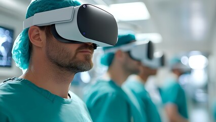 A group of medical professionals wearing virtual reality headsets in a clinical setting, likely for training or simulation purposes. Concept Virtual Reality Training, Medical Simulation