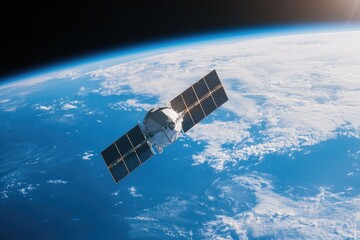 Fototapeta premium A satellite scanning the Earth's atmosphere for pollutants, with real-time data on air quality and climate change displayed on digital screens. 