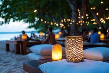 An enchanting beach atmosphere showcasing warm light from artisan lanterns and inviting seating arrangements, perfect for a serene gathering at dusk during summer nights.