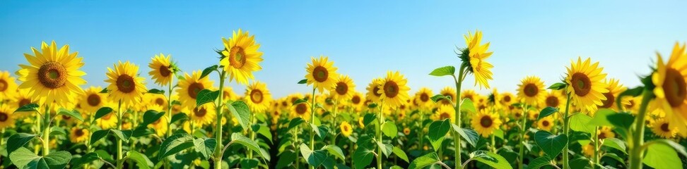 Field of tall sunflowers with a clear blue sky, field, harvest