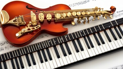 Red Electric Violin Saxophone Keyboard Musical Instruments Sheet Music Background