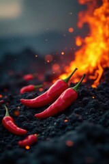 Fiery chili peppers scattered across a flaming landscape, volcanic ash, burning, fiery
