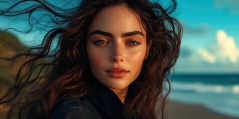 Fototapeta premium Woman With Flowing Hair Embraces Nature's Beauty on a Coastal Hill Beneath a Bright Blue Sky Generative AI