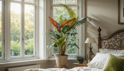 Obraz premium Luxurious Bedroom Interior with Large Tropical Plant near Window
