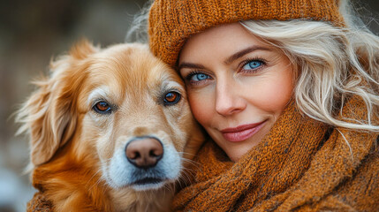 A mature woman in a cozy scarf embraces her fluffy dog outdoors in autumn