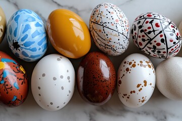 This composition presents an elegant gathering of uniquely crafted decorative eggs, embellished with artistic patterns that embody joy and creativity in design.