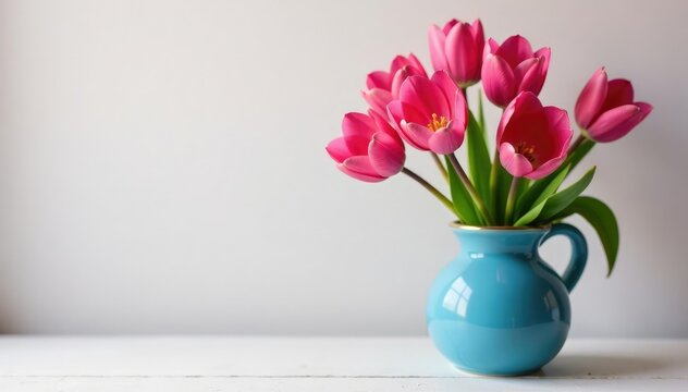 Fiore di tulipani rosa in un vaso blu ceramico, rosa flowers, vase decor