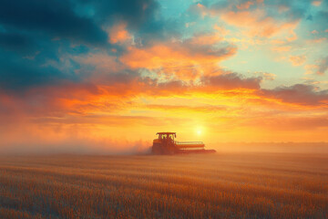 Fototapeta premium Combineer harvesting wheat in a field at sunset.