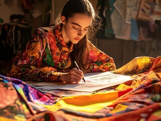 Young fashion designer sketching colorful ideas in studio creative process artsy environment inspirational viewpoint
