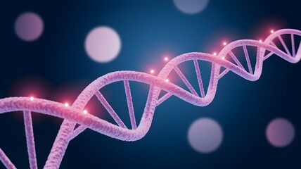 A digital rendering of a DNA double helix structure against a dark blue background