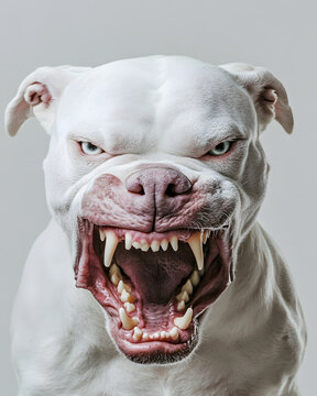 Portrait of powerful angry white Pitbull dog showing teeth isolated on white. Aggressive pit bull terrier type dog snarling at the camera with sharp teeth