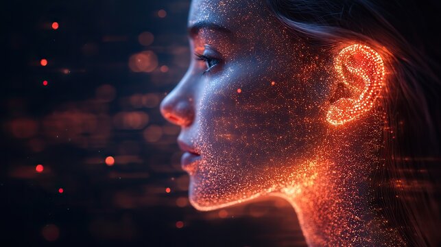 Innovative hearing solutions represent the future of sound perception, with digital sound waves entering a human ear.