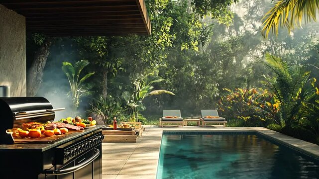 Luxurious backyard with barbecue grill, swimming pool, and tropical garden creating a tranquil escape