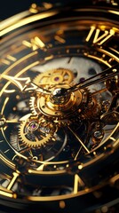 Obraz premium Intricate gold clockwork showing complex gears, springs, and Roman numerals