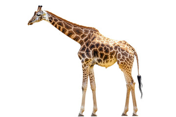 Fototapeta premium Graceful giraffe standing tall against a bright white background in a serene moment isolated on transparent background