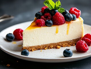Indulge in a delicious creamy cheesecake slice topped with fresh berries cozy kitchen food photography warm atmosphere close-up dessert delight