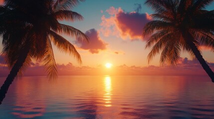 Tropical paradise at sunset handcrafted 3D paper cut palm trees casting shadows over a smooth vibrant ocean.