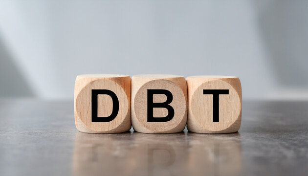 Wood cubes with abbreviation DBT on table. Dialectical Behavior Therapy. Psychology and therapy