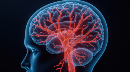 image depicts detailed illustration of human brain with network of red veins, showcasing intricate vascular system