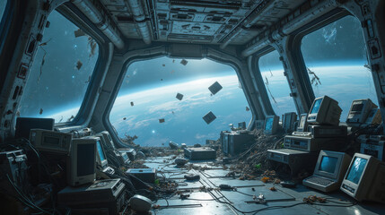 futuristic, abandoned space station filled with old computers and debris, overlooking Earth. scene evokes sense of isolation and nostalgia