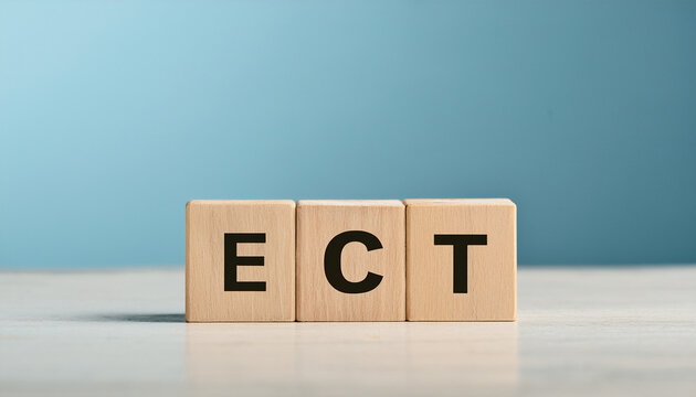 Wood cubes with abbreviation ECT on table. Electroconvulsive Therapy. Neuroscience and psychiatry