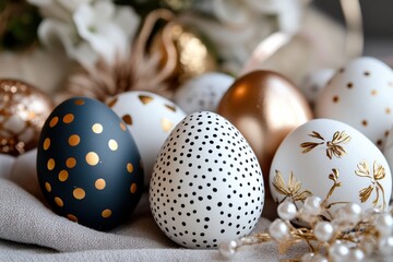 Fototapeta premium An exquisite display of colorful eggs adorned with elegant gold dots, creating a chic and artistic atmosphere, ideal for festive decorations and seasonal celebrations.