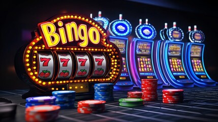 Glowing neon "Bingo" sign with colorful rainbow neon numbers, set against a dark grid background, creating a vibrant and energetic gaming atmosphere.
