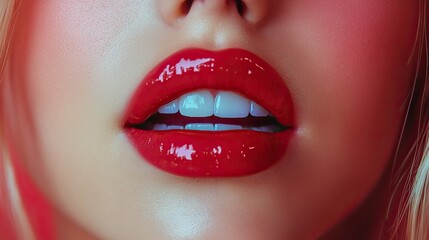 Obraz premium Lip augmentation result after cosmetology treatment is shown in a close up of beautiful plump lips with natural color and glossy moisturizing balm.