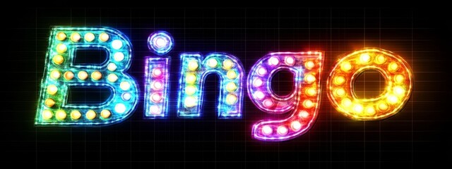 Glowing neon "Bingo" sign with colorful rainbow neon numbers, set against a dark grid background, creating a vibrant and energetic gaming atmosphere.