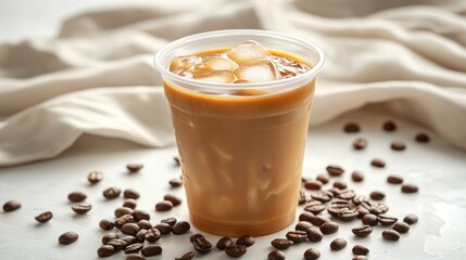 Refreshing Iced Coffee Drink Plastic Cup Ice Cubes Coffee Beans
