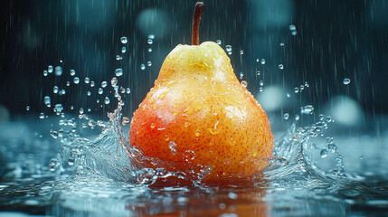 Fototapeta premium Fresh pears with water droplets splashing around them in a refreshing and vibrant scene